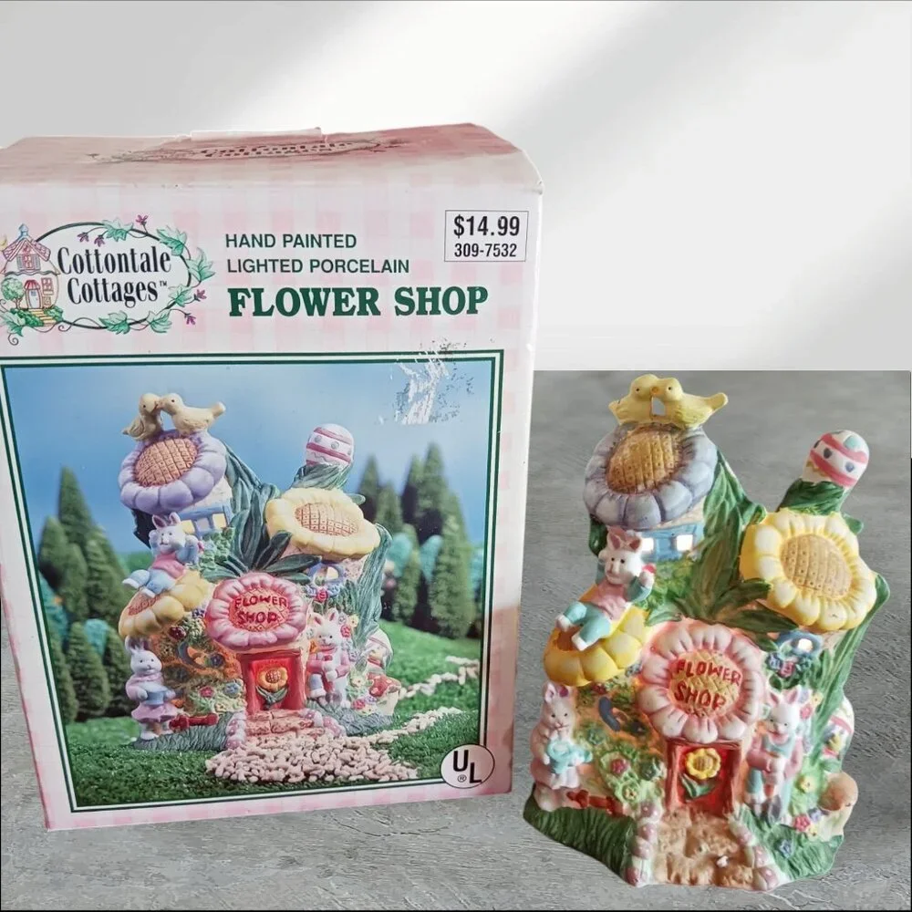 Cottontale Cottage Lighted Porcelain Bunny Flower Shop Figurine